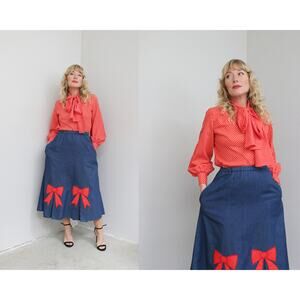 1980's Vintage Flo-Ree's Denim & Bow Skirt ~ Women's XXS XS SM 23" to 27" Waist